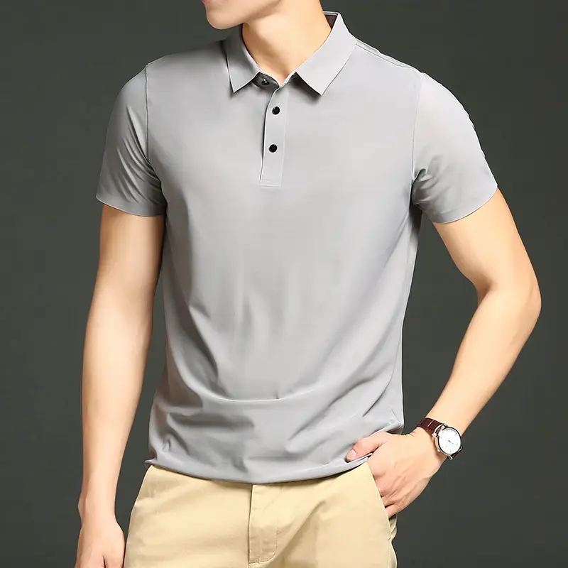 Men Blue Ice Silk Polo Shirt Short Sleeve Business Wear