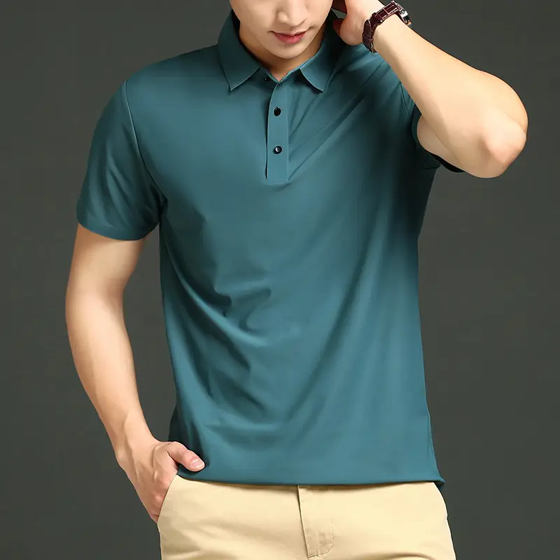 Men Blue Ice Silk Polo Shirt Short Sleeve Business Wear