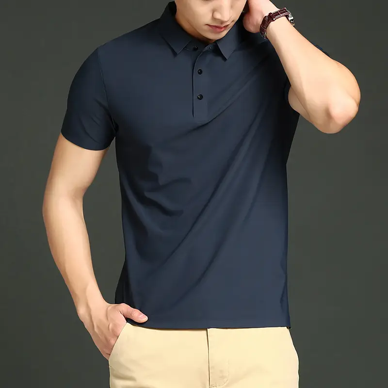 Men Blue Ice Silk Polo Shirt Short Sleeve Business Wear