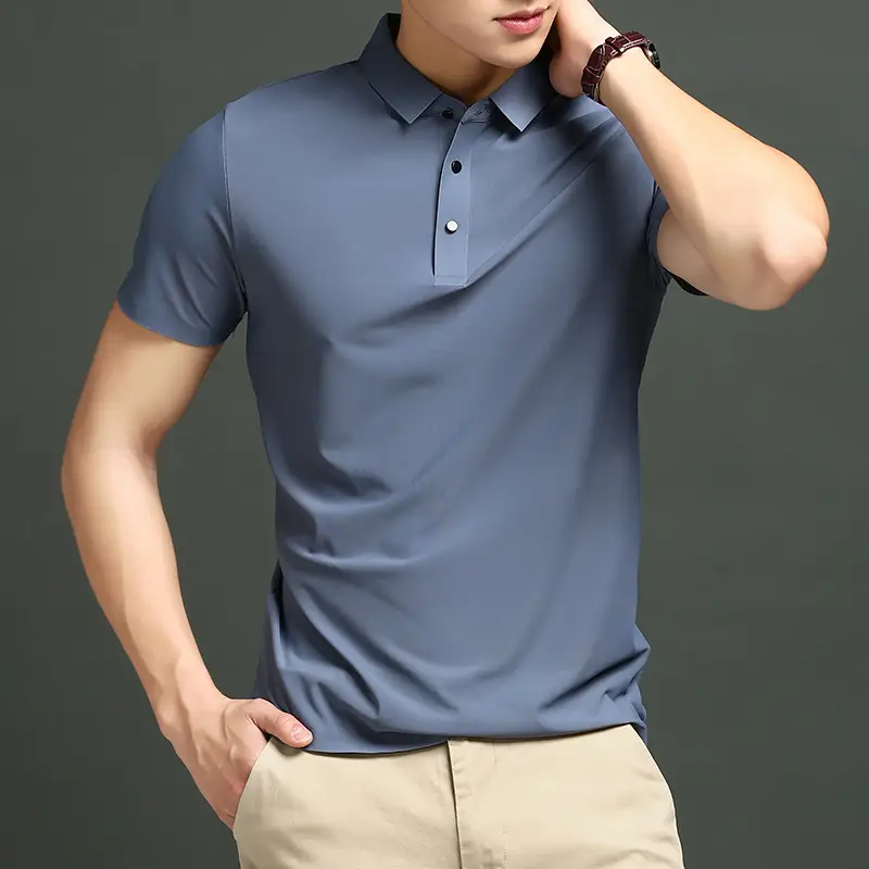 Men Blue Ice Silk Polo Shirt Short Sleeve Business Wear