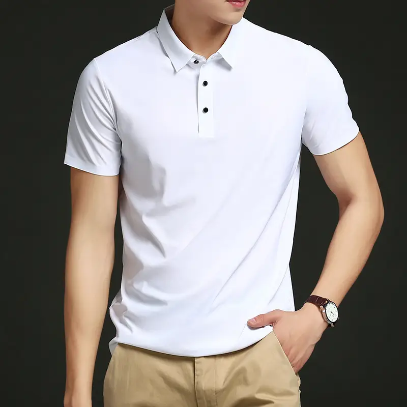 Men Blue Ice Silk Polo Shirt Short Sleeve Business Wear