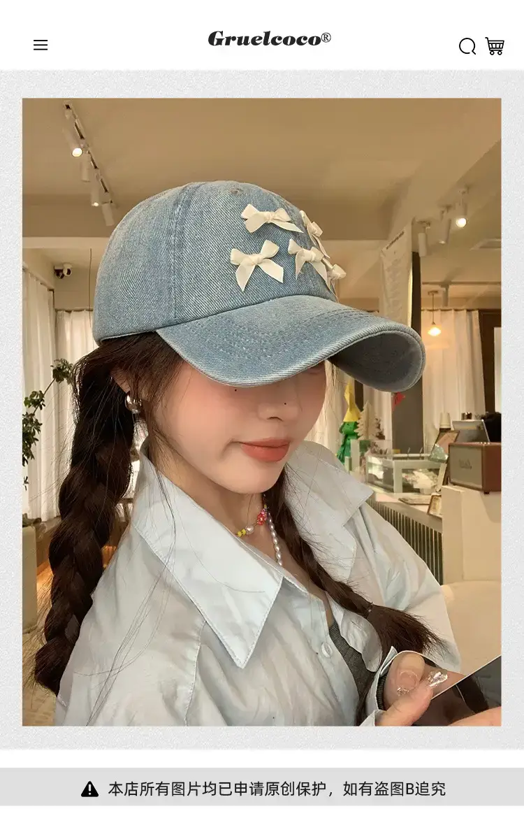 Women Denim Baseball Cap Blue Bowknot Light — feature 1