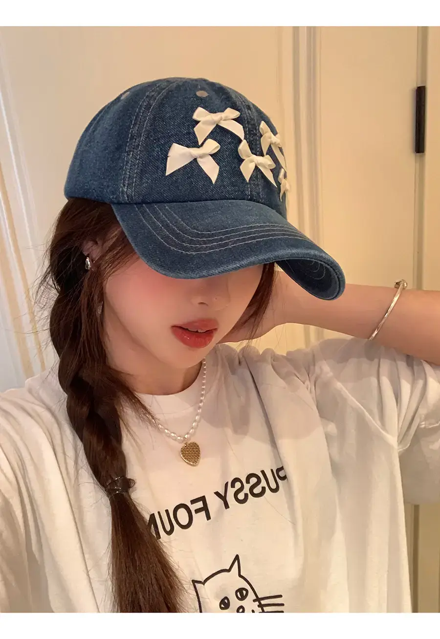 Women Denim Baseball Cap Blue Bowknot Light — feature 10