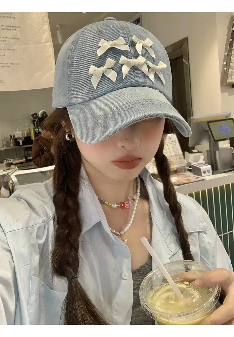 Women Denim Baseball Cap Blue Bowknot Light — feature 13