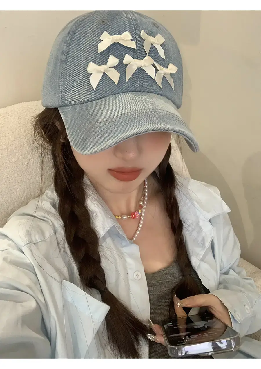 Women Denim Baseball Cap Blue Bowknot Light — feature 7
