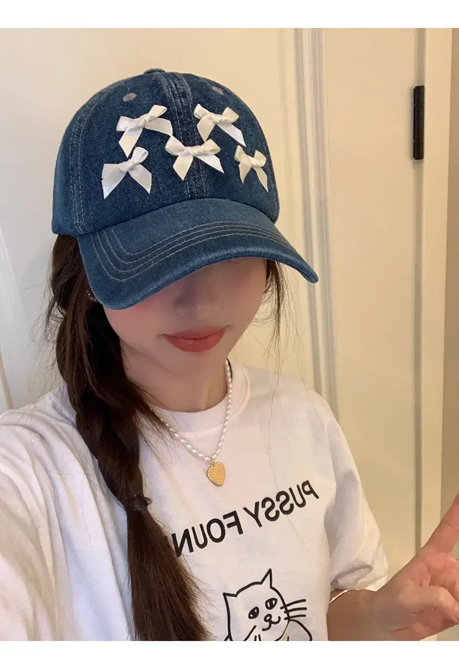 Women Denim Baseball Cap Blue Bowknot Light — feature 9