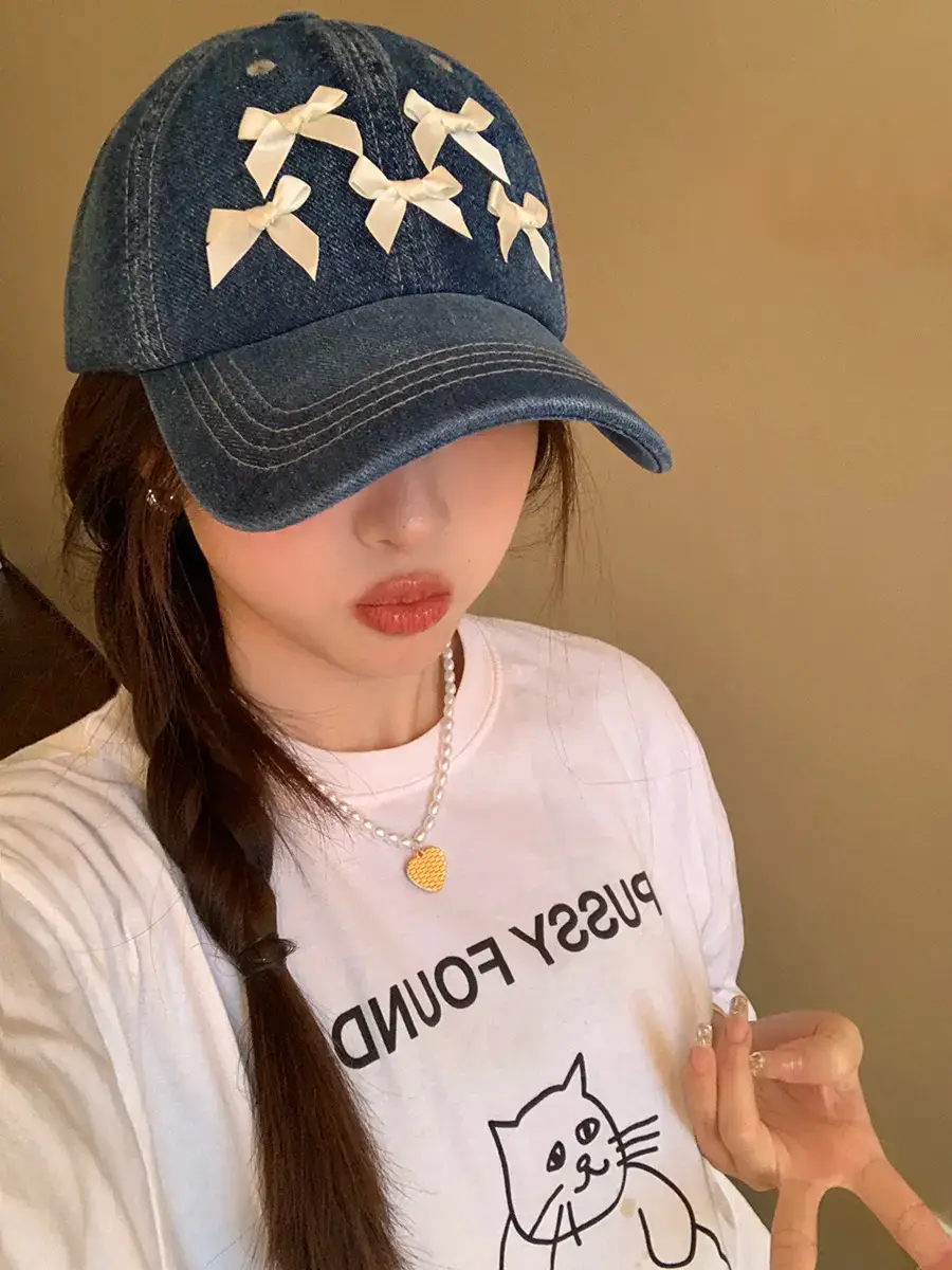 Women Denim Baseball Cap Blue Bowknot Light - Image 2