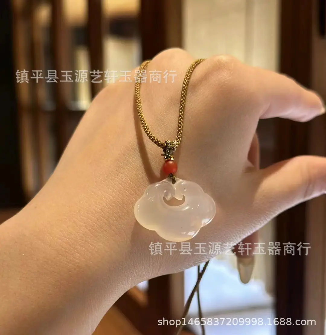 Women's White Agate Xiangyun Lock Necklace with Red Stone — feature 4