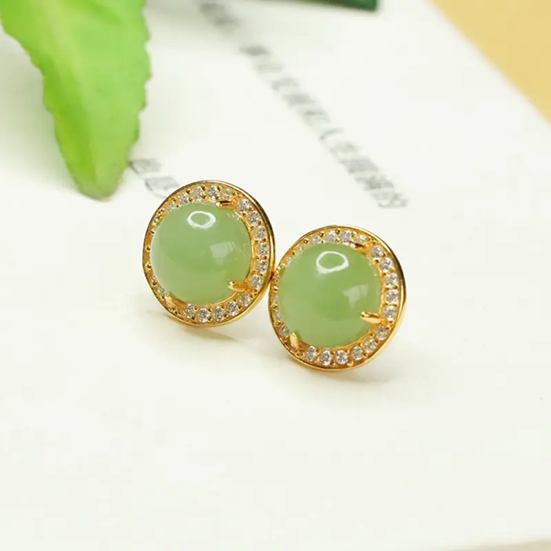 Aiyu Green Jade Round Earrings S925 Silver - Image 2