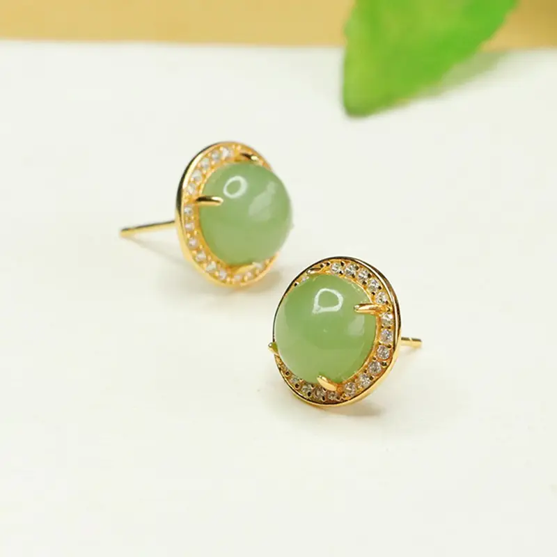 Aiyu Green Jade Round Earrings S925 Silver - Image 3