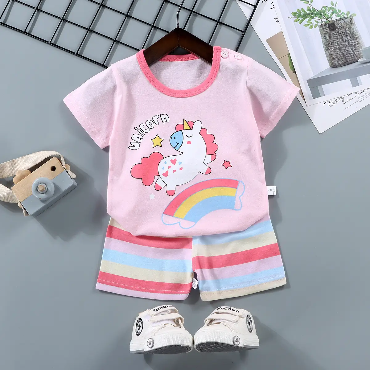 Pink Cute Bear Print Baby Boys Cotton Shorts Set - Image 65