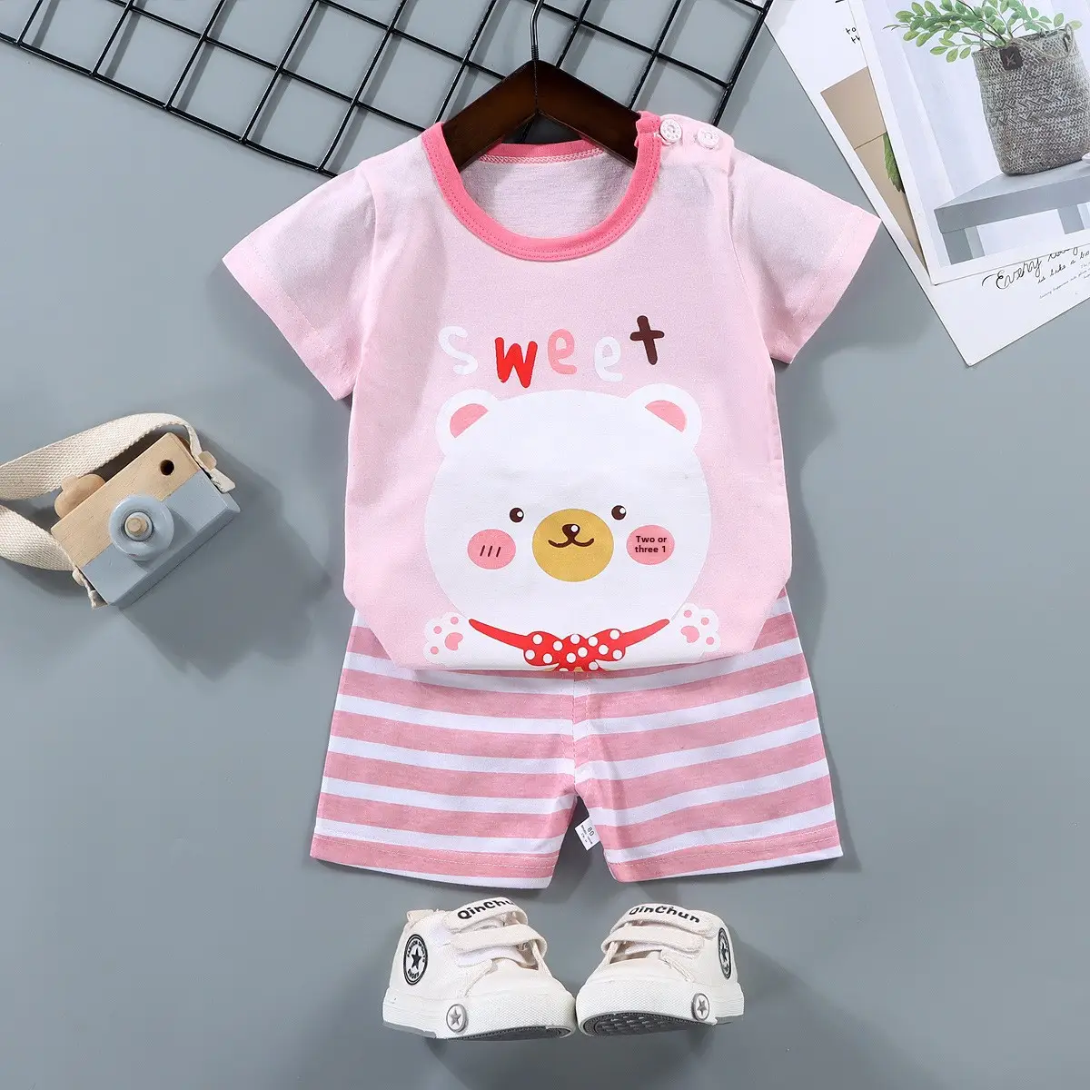 Pink Cute Bear Print Baby Boys Cotton Shorts Set - Image 39