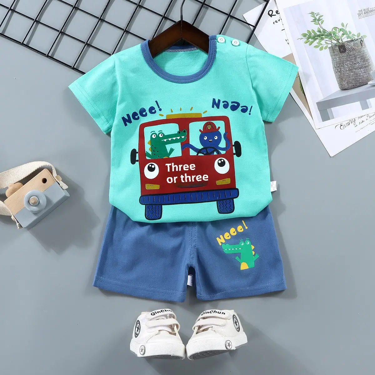 Pink Cute Bear Print Baby Boys Cotton Shorts Set - Image 10