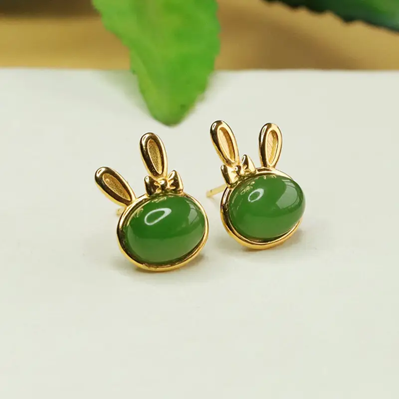 Jade Rabbit Earrings Green Gold Set
