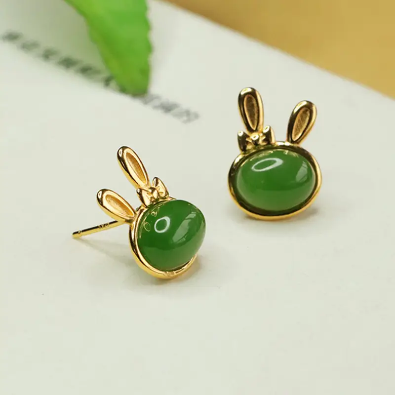 Jade Rabbit Earrings Green Gold Set