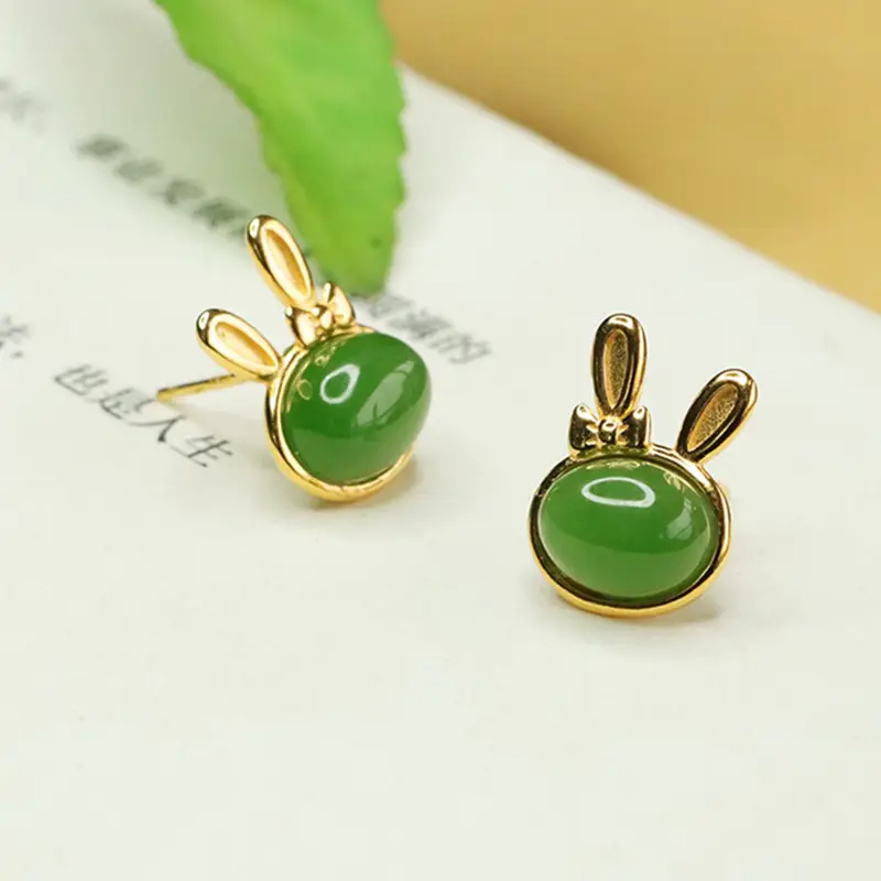 Jade Rabbit Earrings Green Gold Set