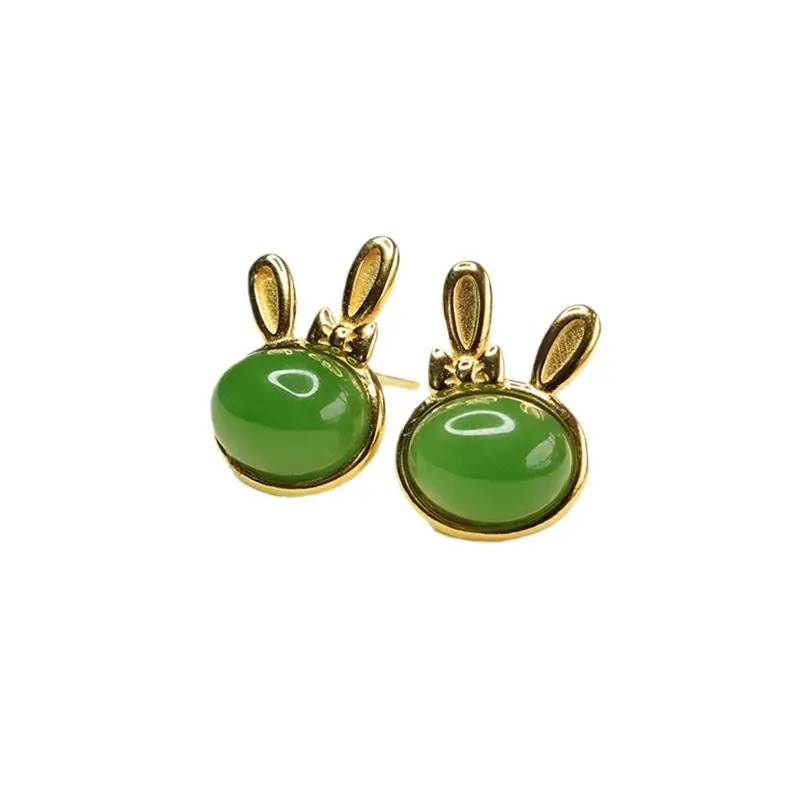 Jade Rabbit Earrings Green Gold Set