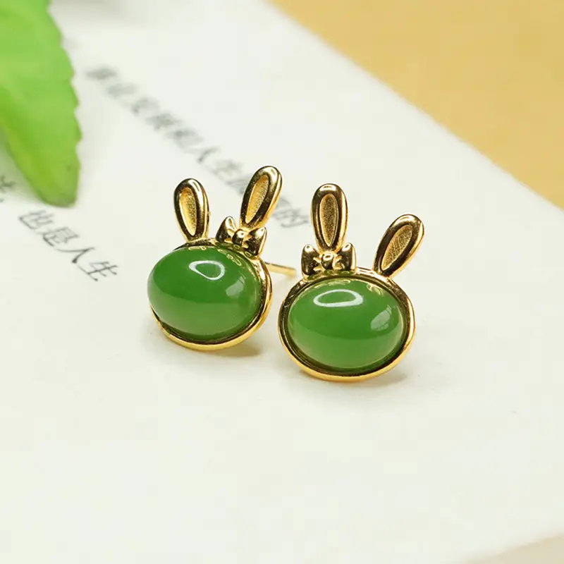 Jade Rabbit Earrings Green Gold Set — feature 5