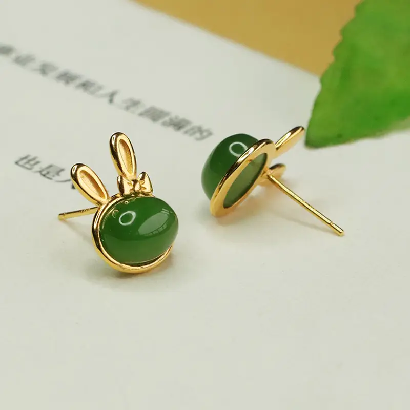 Jade Rabbit Earrings Green Gold Set — feature 9