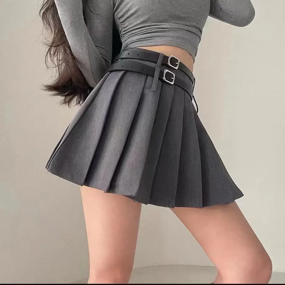 Double Belt Pleated Gray Skirt High Waist Women