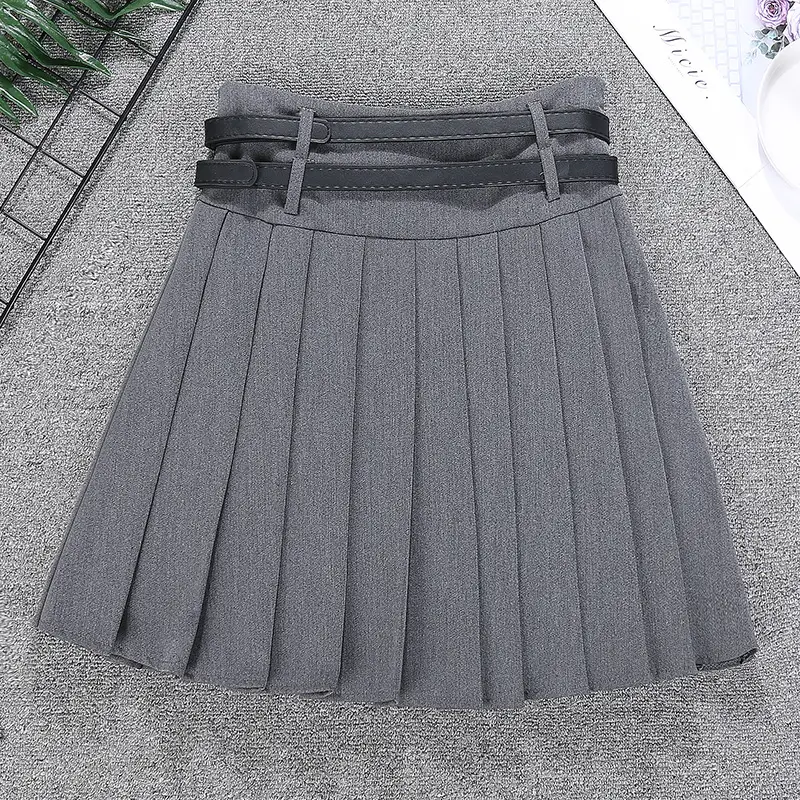 Double Belt Pleated Gray Skirt High Waist Women