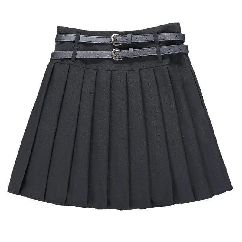 Double Belt Pleated Gray Skirt High Waist Women