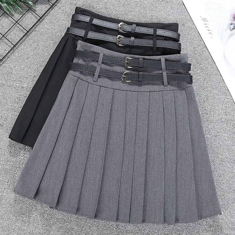 Double Belt Pleated Gray Skirt High Waist Women — feature 1