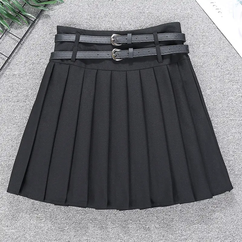 Double Belt Pleated Gray Skirt High Waist Women — feature 12