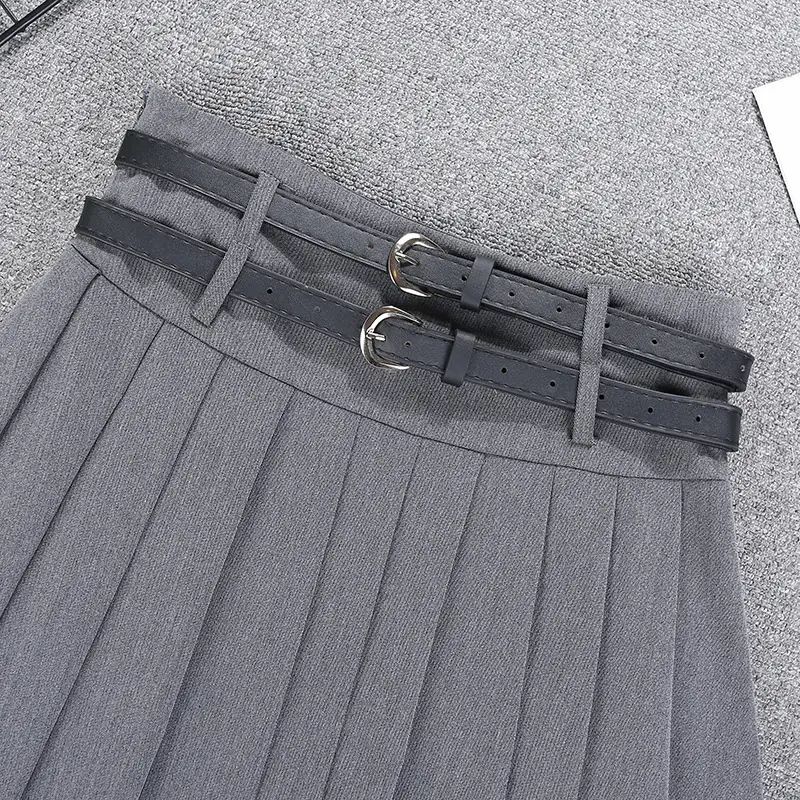 Double Belt Pleated Gray Skirt High Waist Women — feature 5