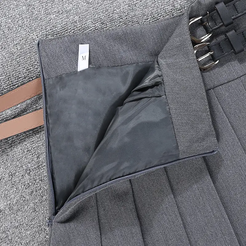 Double Belt Pleated Gray Skirt High Waist Women — feature 6