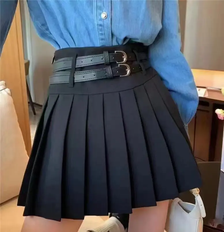 Double Belt Pleated Gray Skirt High Waist Women — feature 9