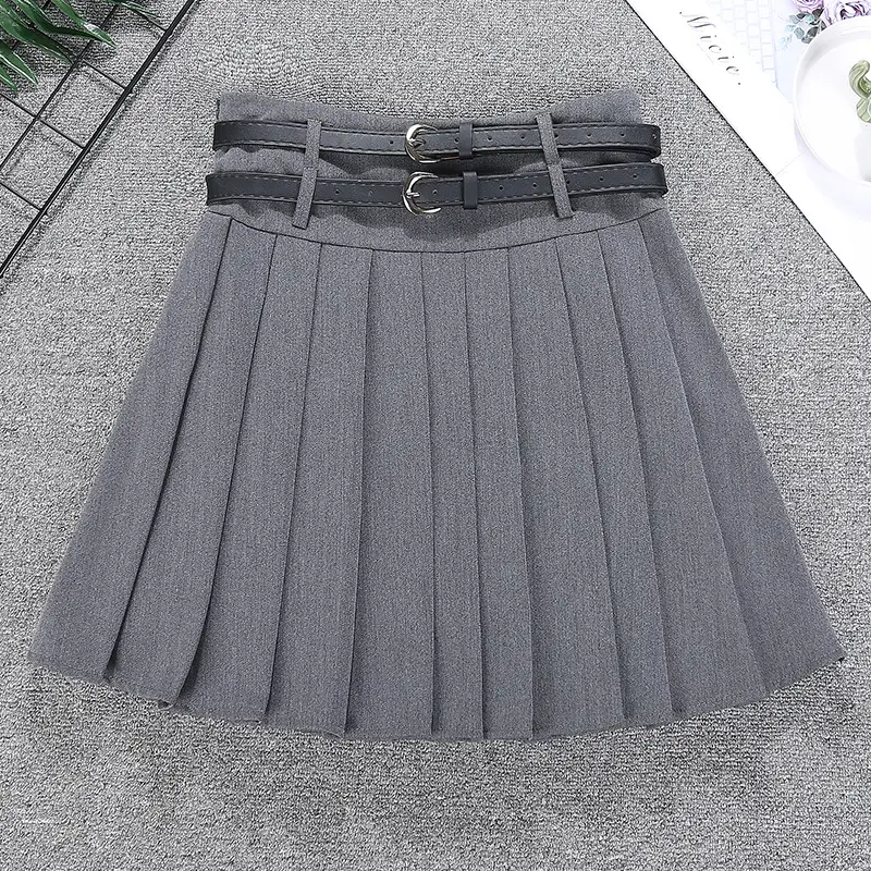 Double Belt Pleated Gray Skirt High Waist Women