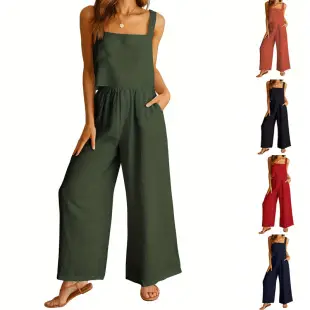 2025 Women Blue Elastic Waist Wide Leg Pants Cotton Linen — feature 6