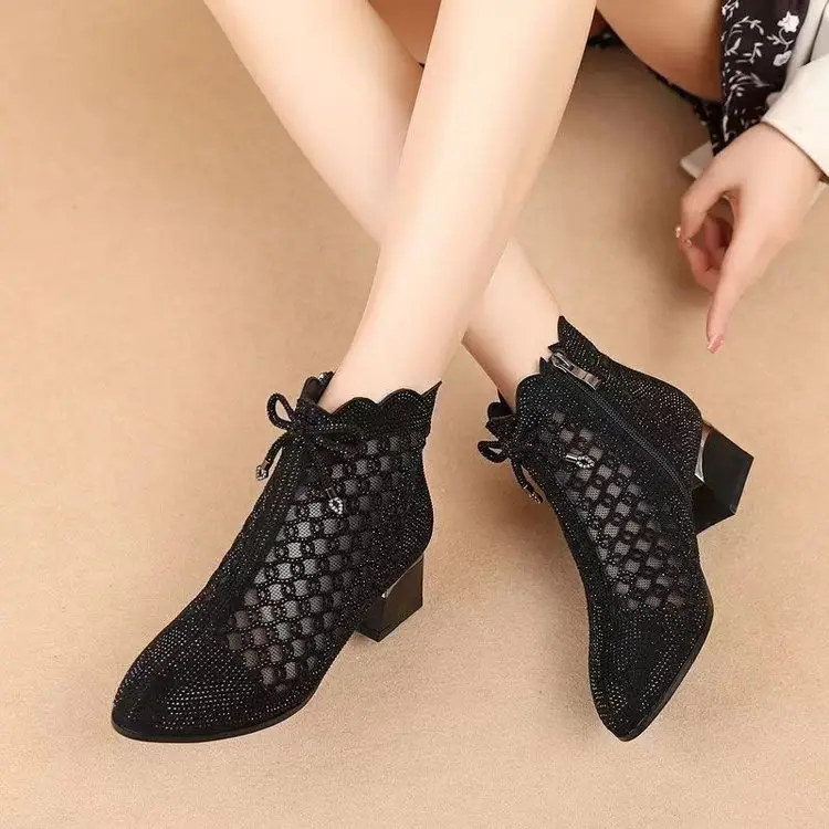 Black Chunky Heel Mesh Sandals for Women 2024 - Image 3