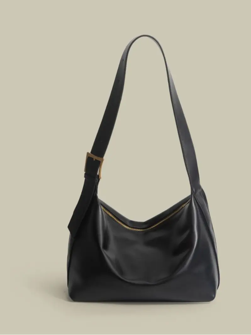 Brown Pu Leather Shoulder Bag with Wide Strap