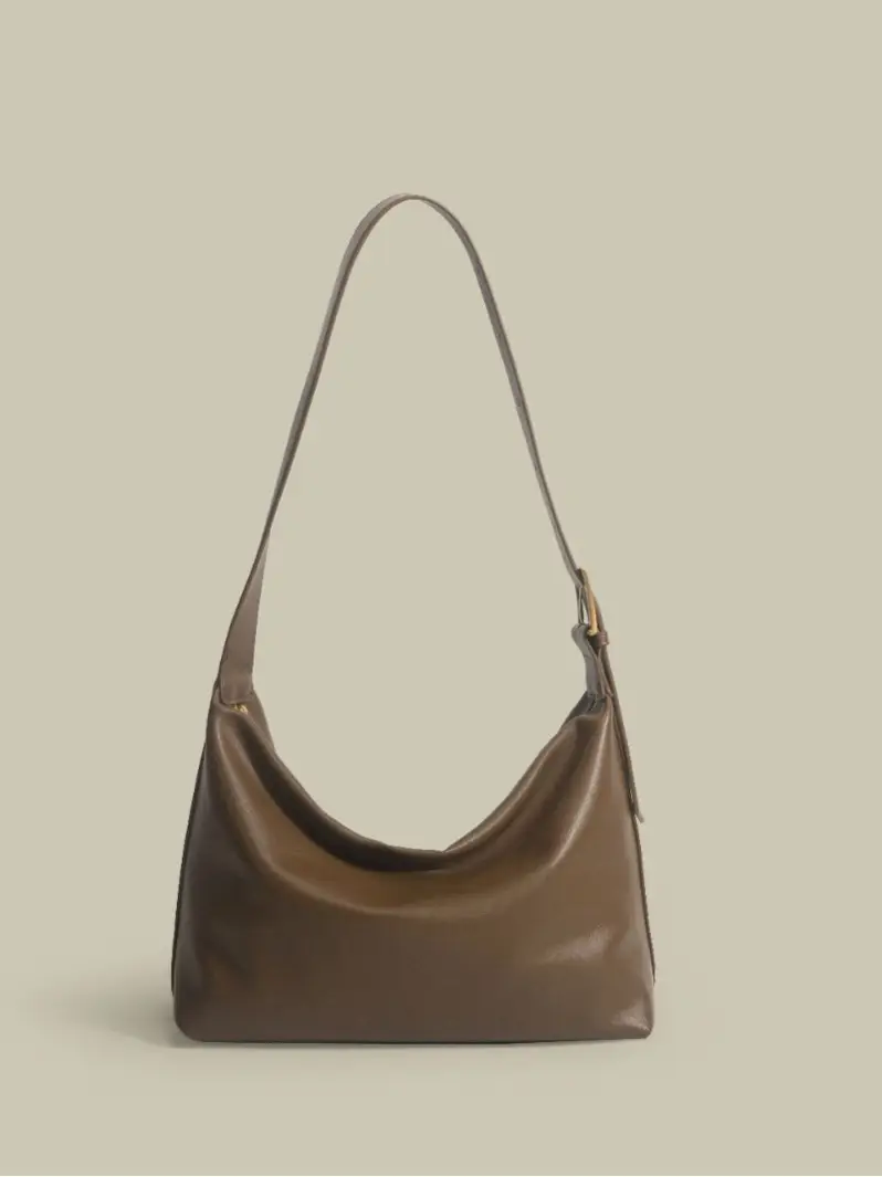 Brown Pu Leather Shoulder Bag with Wide Strap