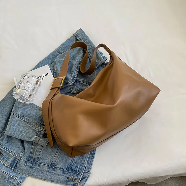 Brown Pu Leather Shoulder Bag with Wide Strap