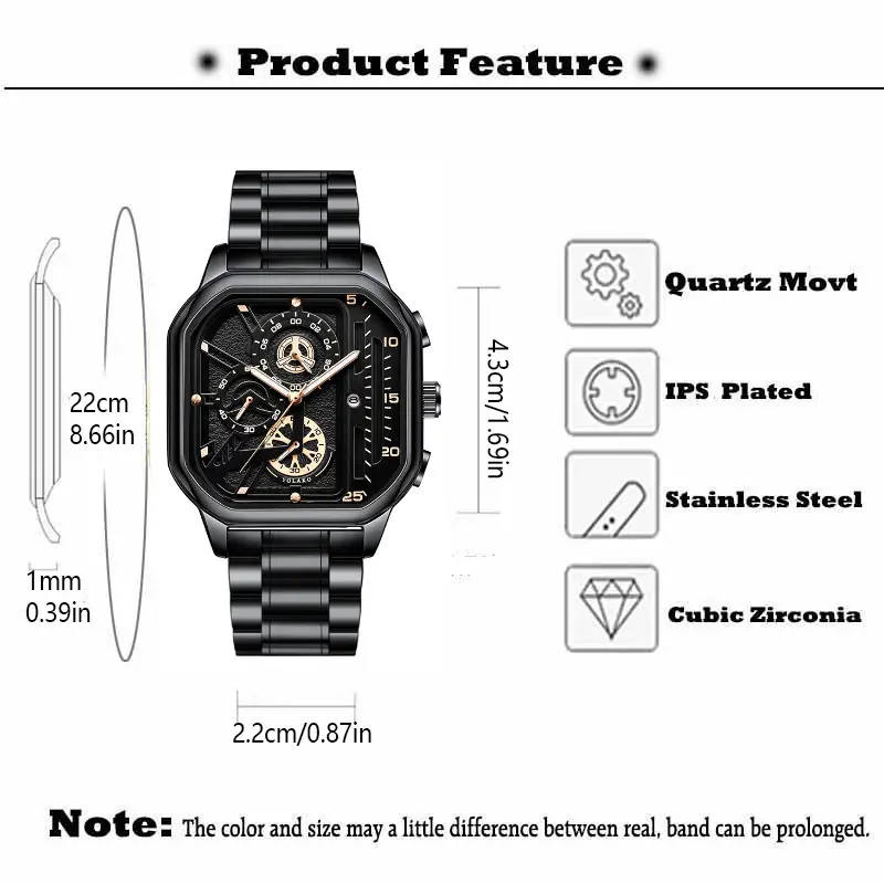 Men's Quartz Watch Black Square Large Dial 22cm — feature 1