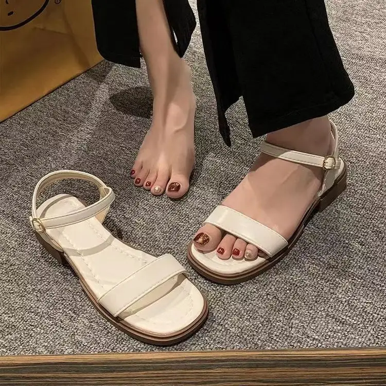 Plaid Soft Sole Low Heel Retro One-Strap Sandals Summer Women's 2024 New Flats Roman Shoes Fairy Style Women's Shoes - Image 5