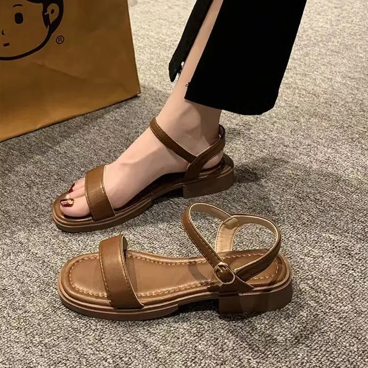Plaid Soft Sole Low Heel Retro One-Strap Sandals Summer Women's 2024 New Flats Roman Shoes Fairy Style Women's Shoes - Image 6