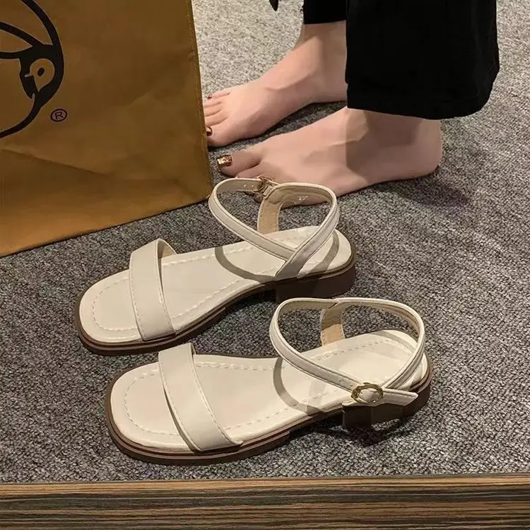 Plaid Soft Sole Low Heel Retro One-Strap Sandals Summer Women's 2024 New Flats Roman Shoes Fairy Style Women's Shoes — feature 3