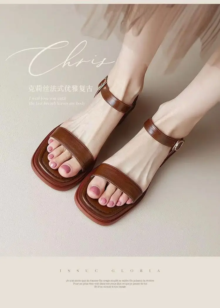 Plaid Soft Sole Low Heel Retro One-Strap Sandals Summer Women's 2024 New Flats Roman Shoes Fairy Style Women's Shoes — feature 6