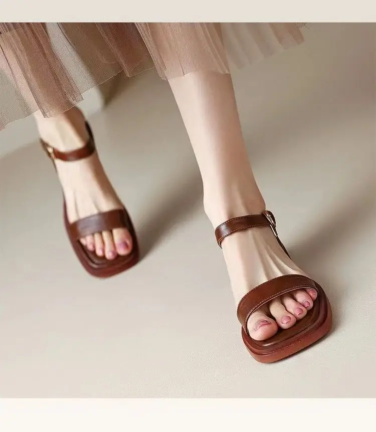 Plaid Soft Sole Low Heel Retro One-Strap Sandals Summer Women's 2024 New Flats Roman Shoes Fairy Style Women's Shoes — feature 8