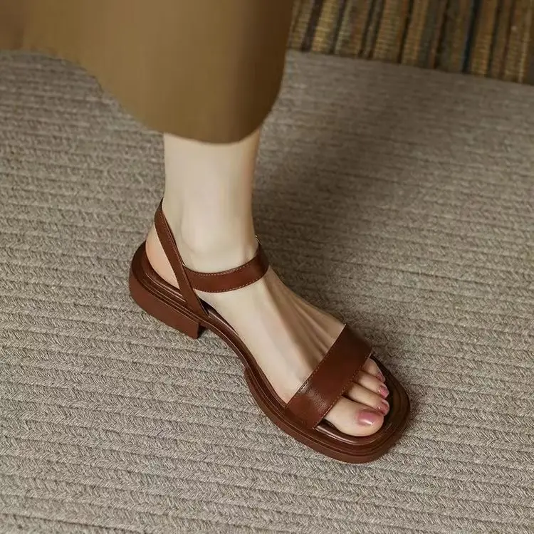 Plaid Soft Sole Low Heel Retro One-Strap Sandals Summer Women's 2024 New Flats Roman Shoes Fairy Style Women's Shoes - Image 2
