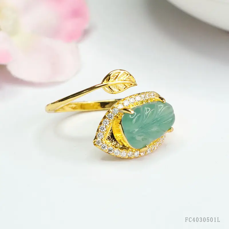 Guan Yu Jade Leaf Ring Gold Plated Blue Water Leaf Design - Image 3