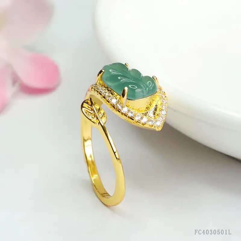 Guan Yu Jade Leaf Ring Gold Plated Blue Water Leaf Design - Image 4