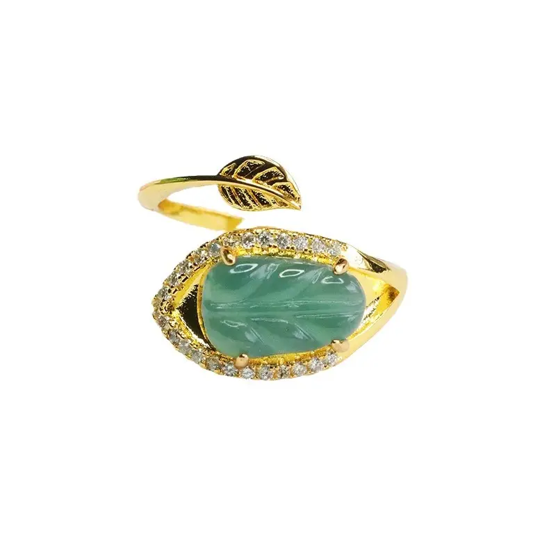 Guan Yu Jade Leaf Ring Gold Plated Blue Water Leaf Design - Image 5
