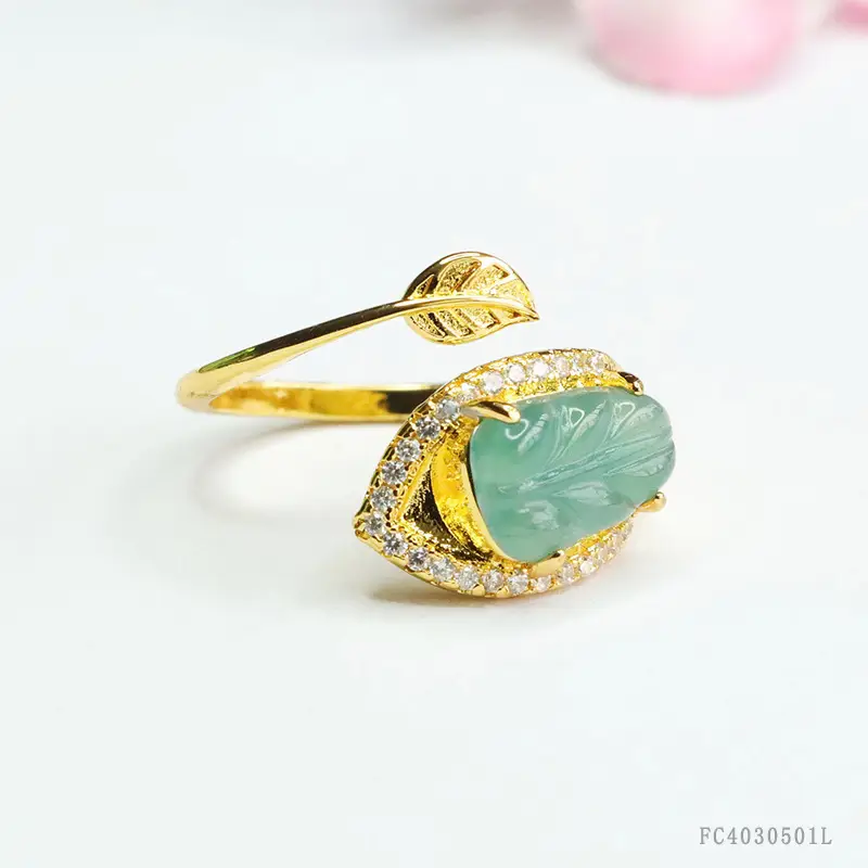Guan Yu Jade Leaf Ring Gold Plated Blue Water Leaf Design — feature 7