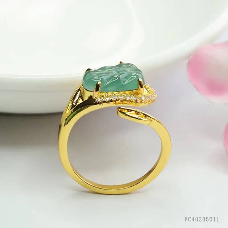 Guan Yu Jade Leaf Ring Gold Plated Blue Water Leaf Design — feature 9