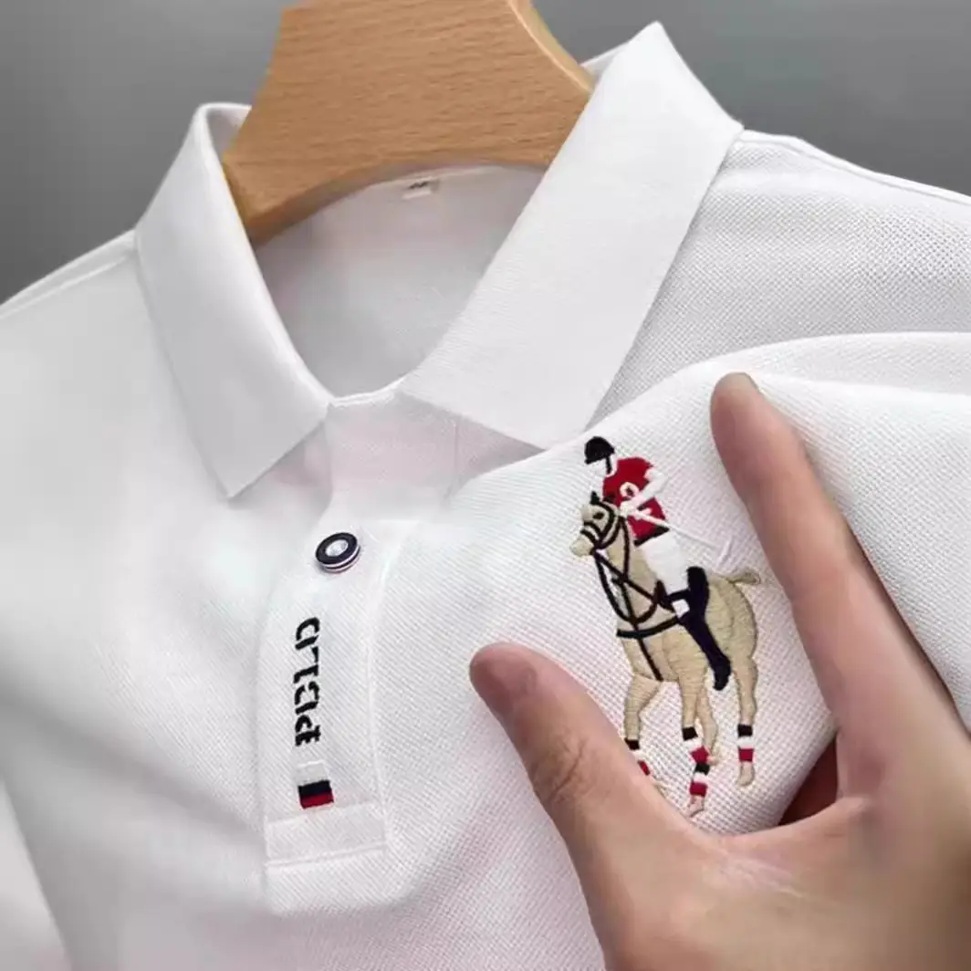 Men's White Embroidered Polo Shirt with Horse Design - Image 6